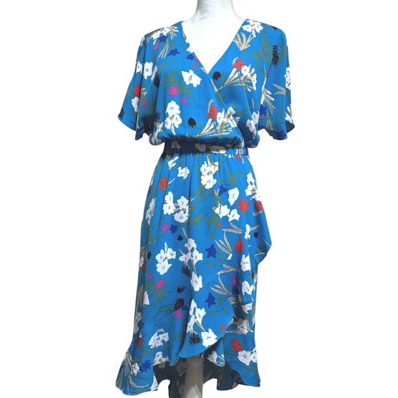 J. Crew Faux Wrap V-Neck Elastic Waist Dress Blue Floral Size Small - Picture 1 of 11